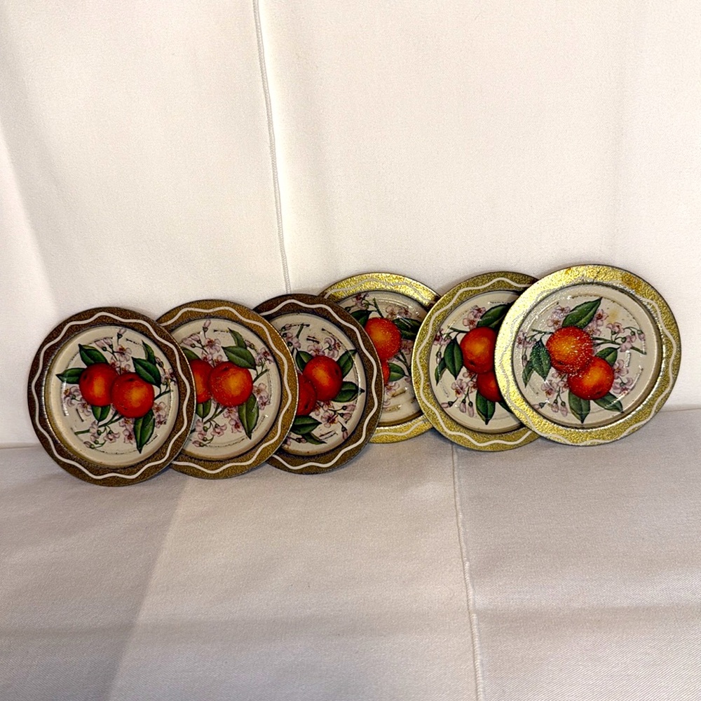 Vintage Orange Fruit tin metal coasters ash trays/trinket dish. Set of 6 Florida
